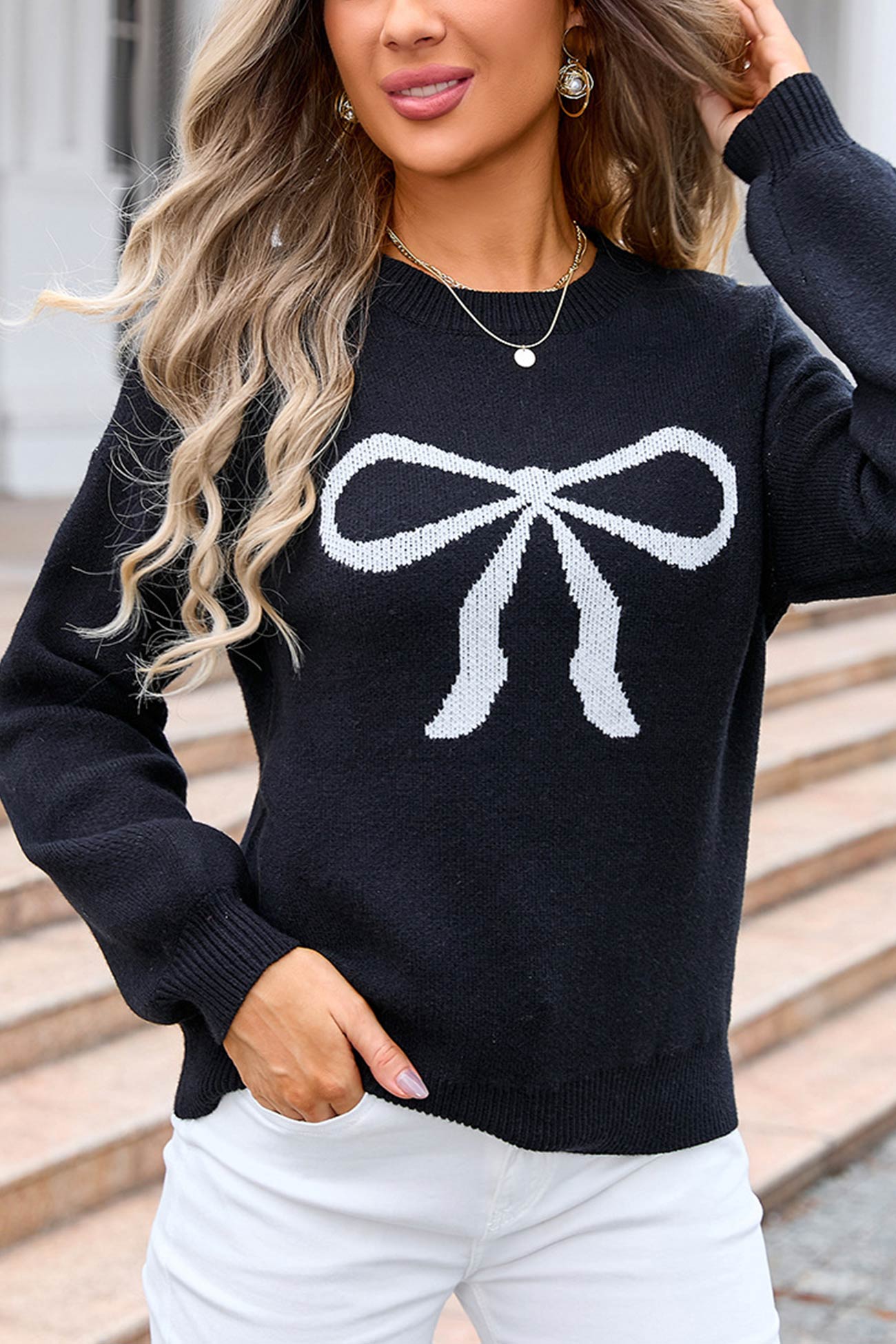 Crew Neck Bow Graphic Sweater