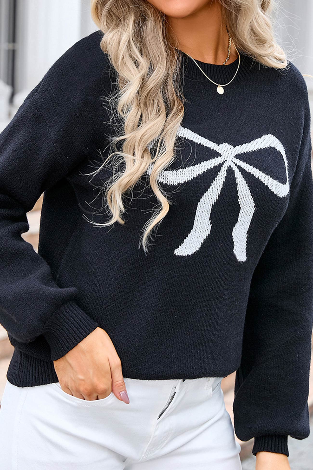 Crew Neck Bow Graphic Sweater