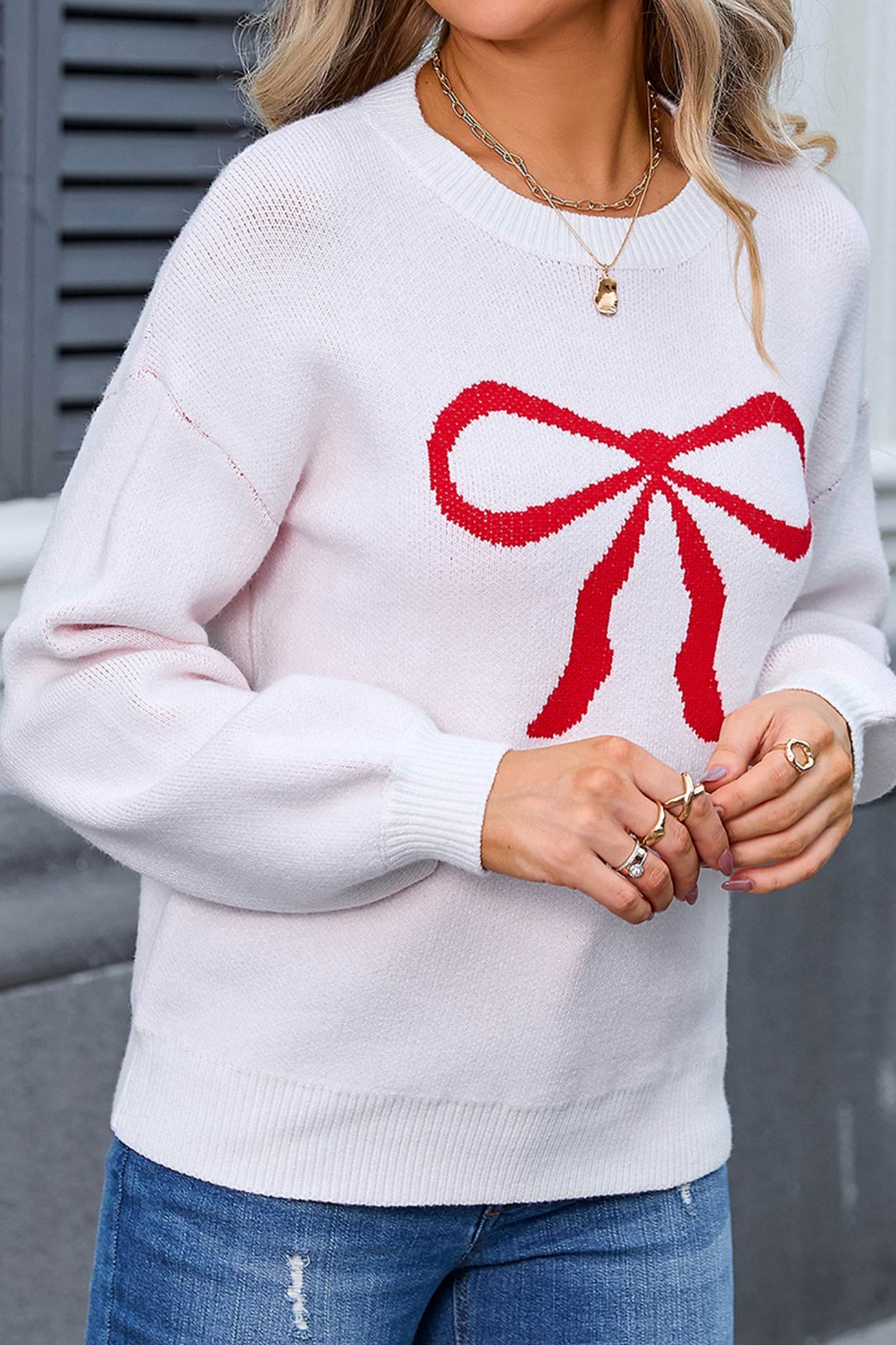 Crew Neck Bow Graphic Sweater