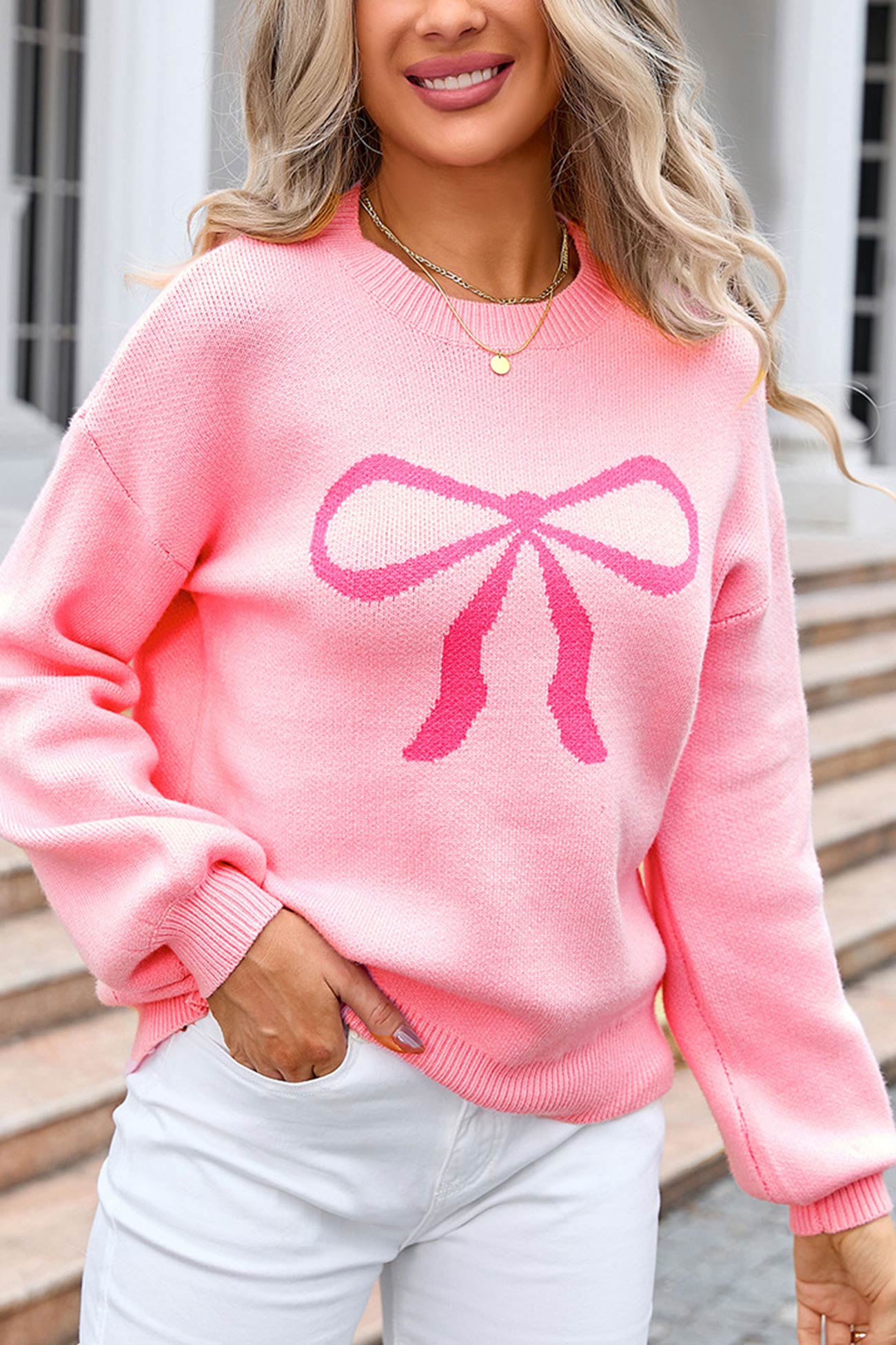 Crew Neck Bow Graphic Sweater