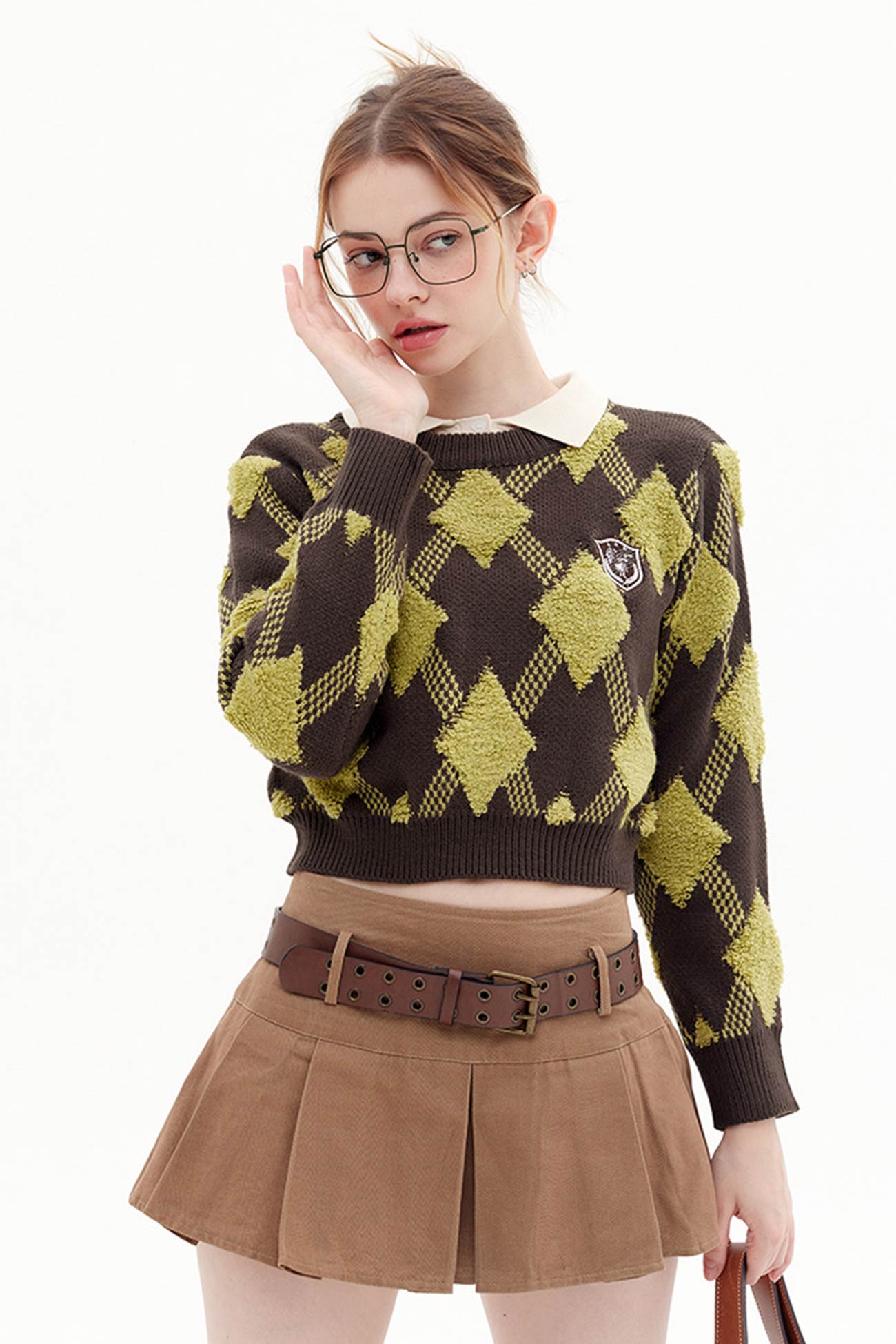 Crew Neck Plaid Patchwork Sweater