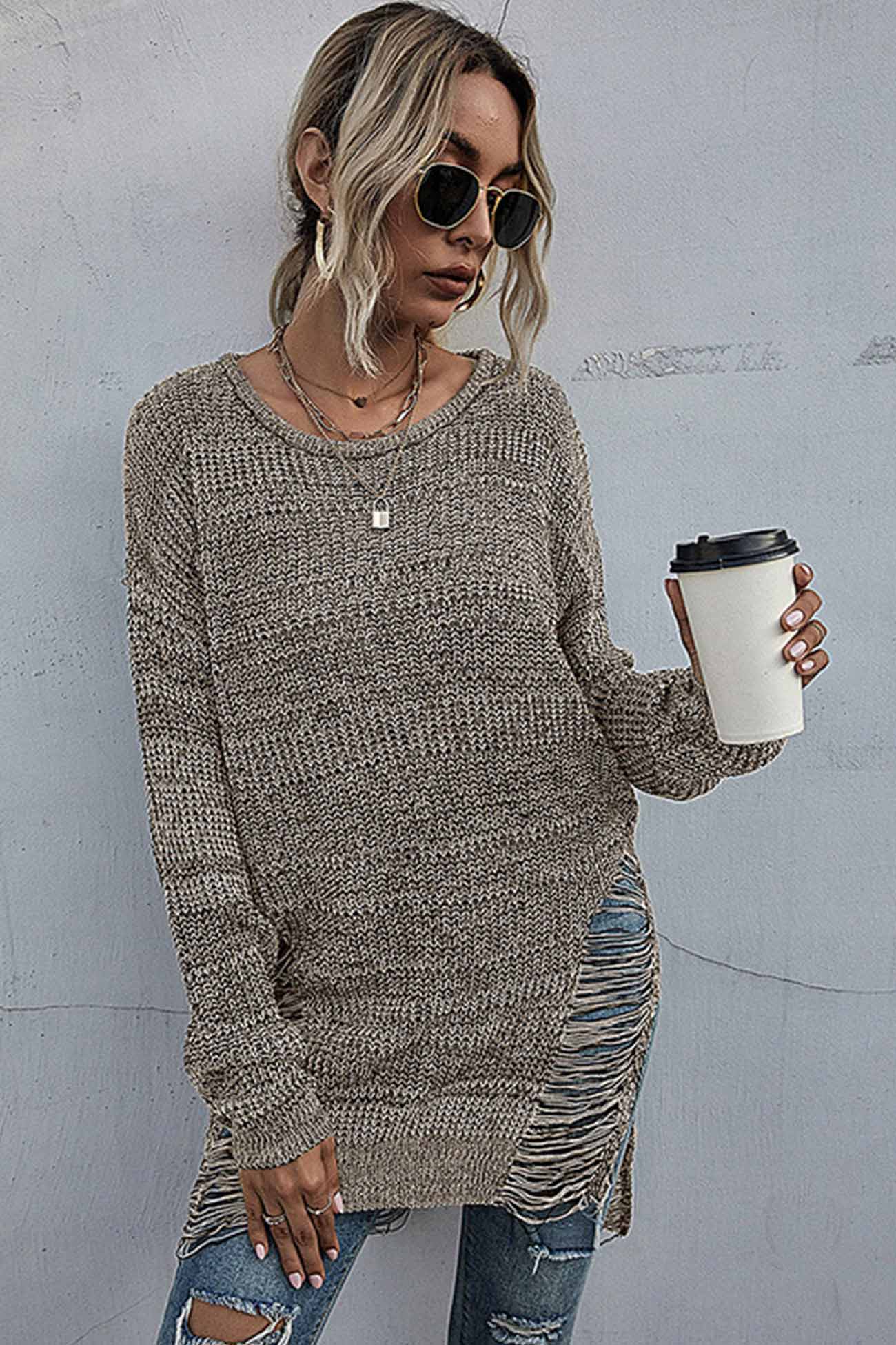 Crew Neck Split Hollow Out Tassel Sweater