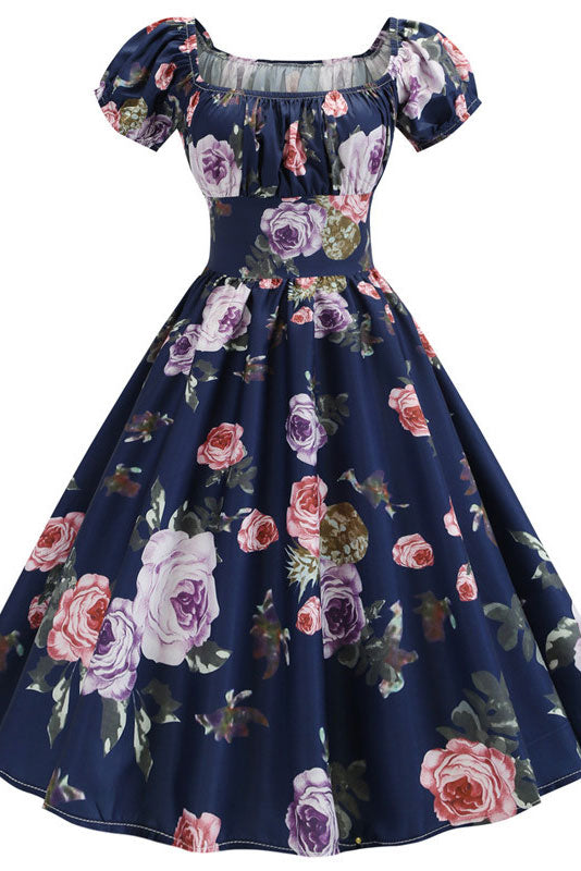 Dark Navy A-Line Print Swing Dresses