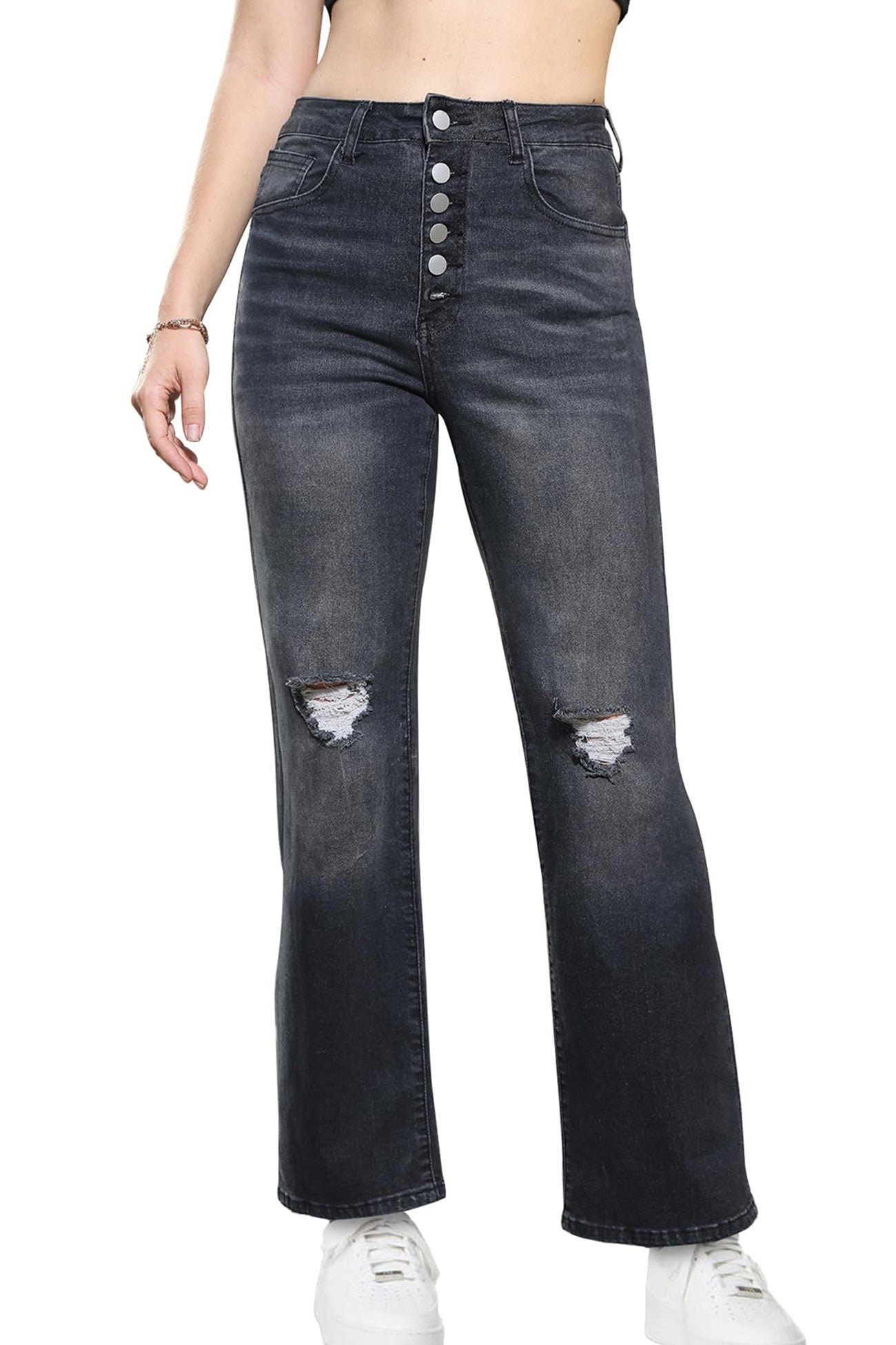 Distressed Button Straight Leg Jeans