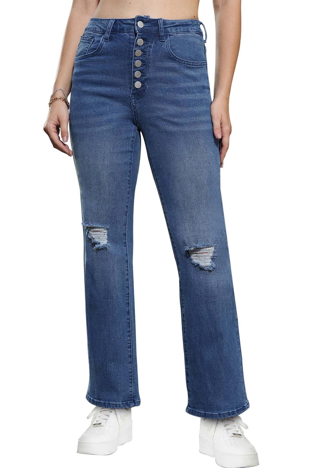 Distressed Button Straight Leg Jeans