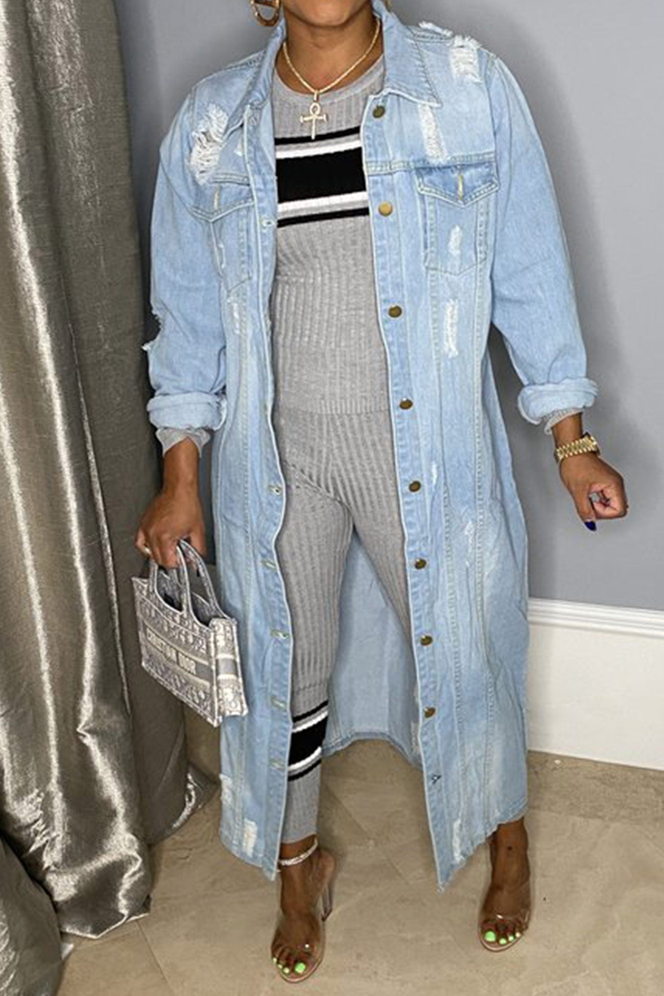 Distressed Denim Long Trench