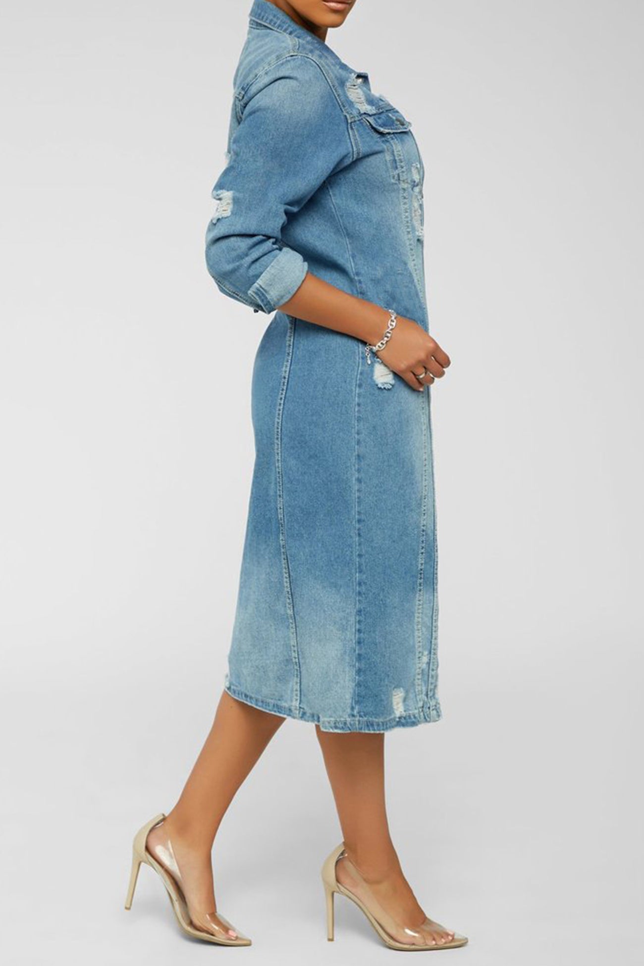 Distressed Denim Long Trench