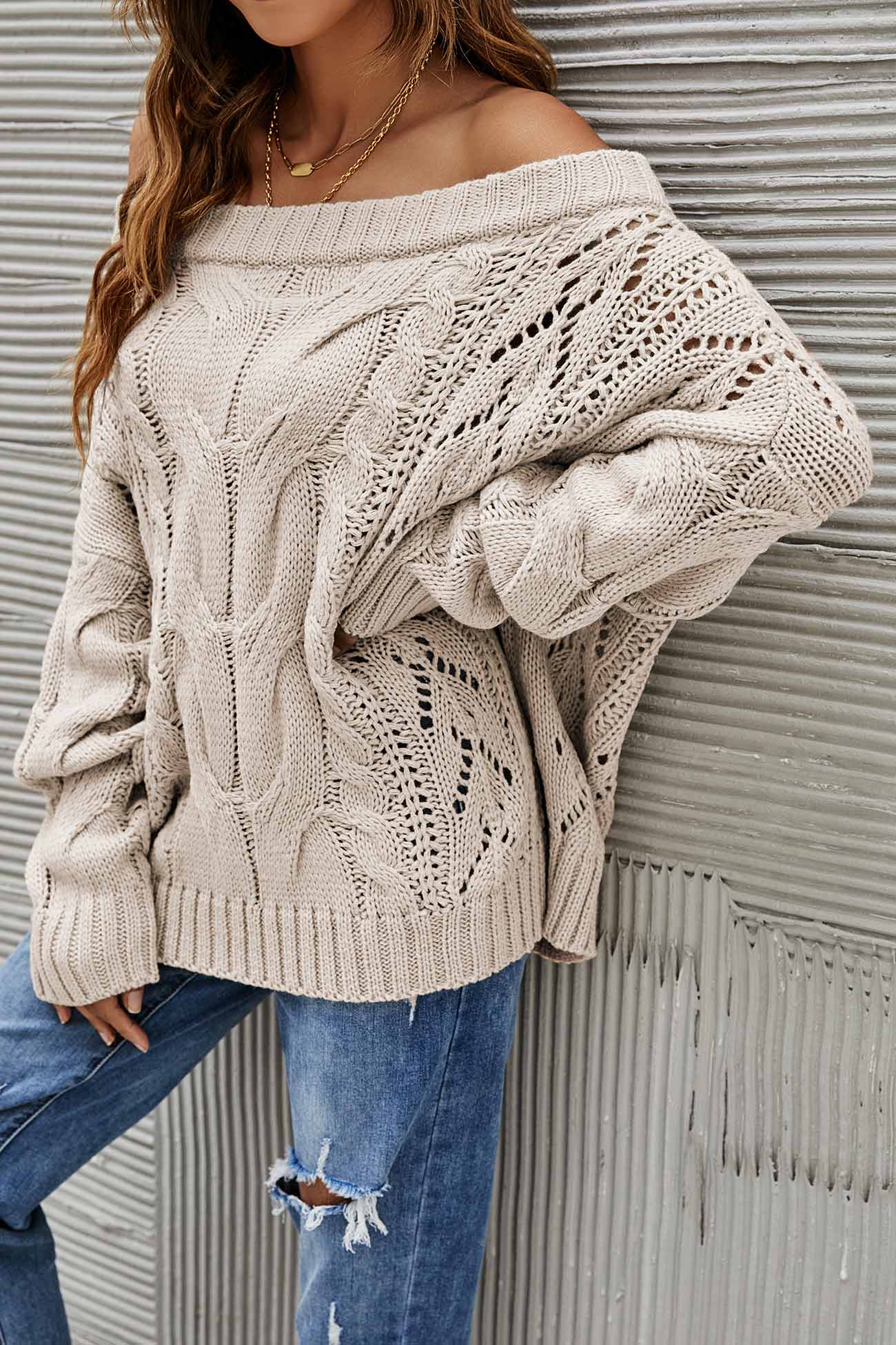 Drop Shoulder Hollow Out Cable Knit Sweater