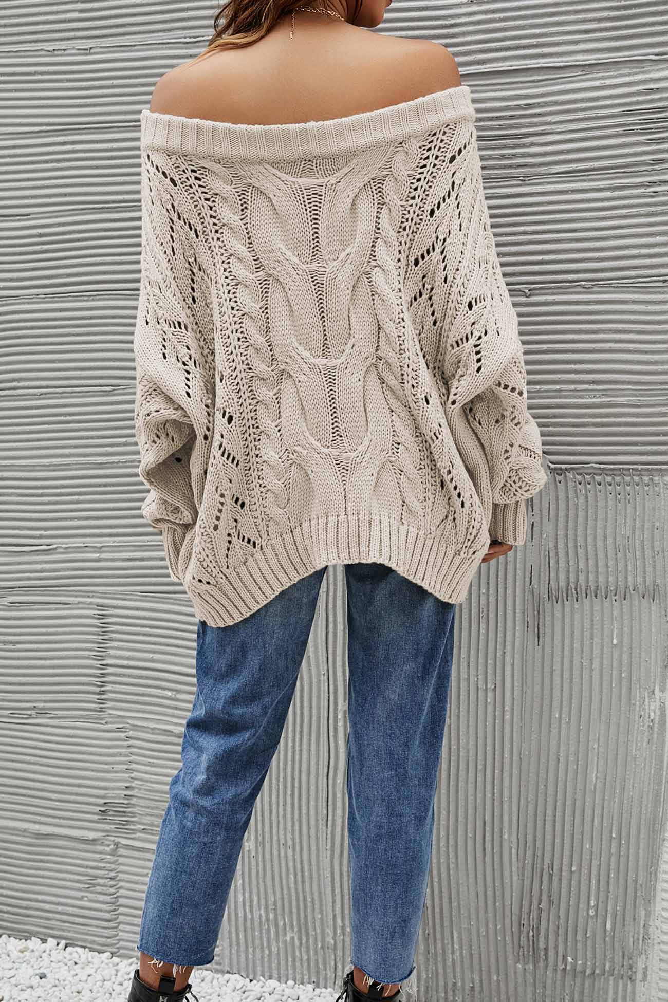 Drop Shoulder Hollow Out Cable Knit Sweater