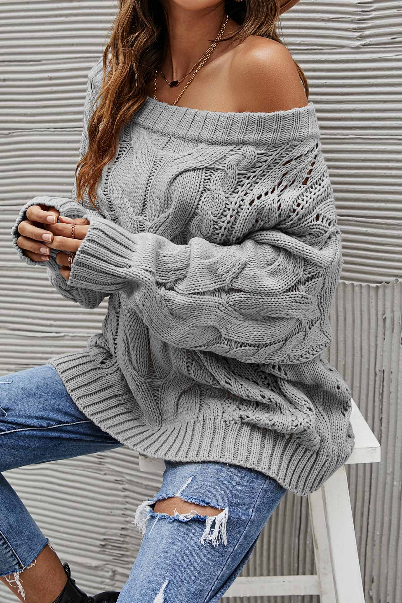 Drop Shoulder Hollow Out Cable Knit Sweater