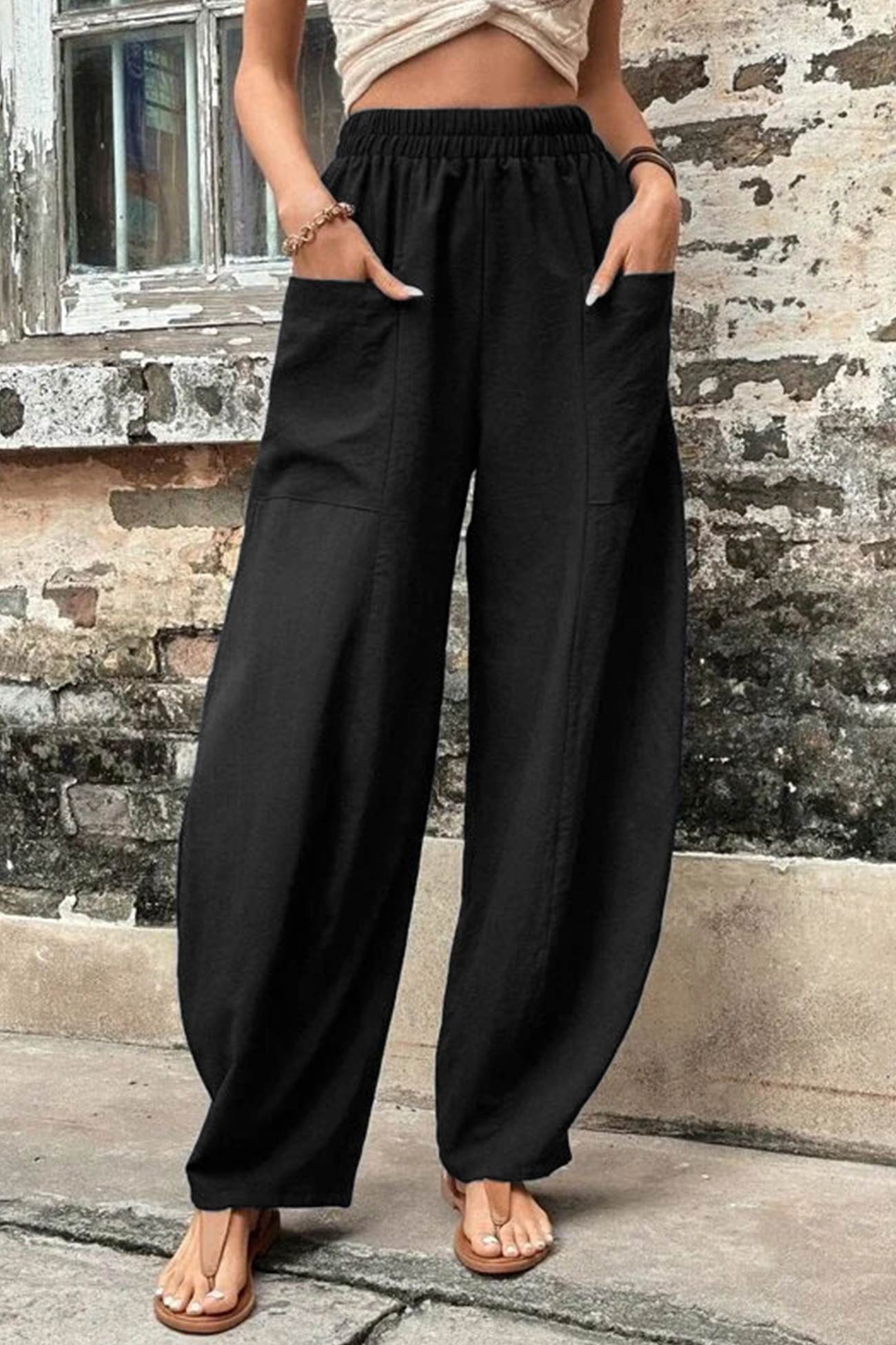 Elastic Waist Pocketed Harem Pants