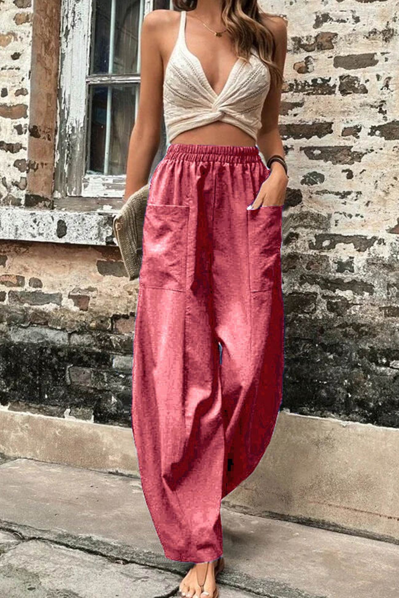 Elastic Waist Pocketed Harem Pants