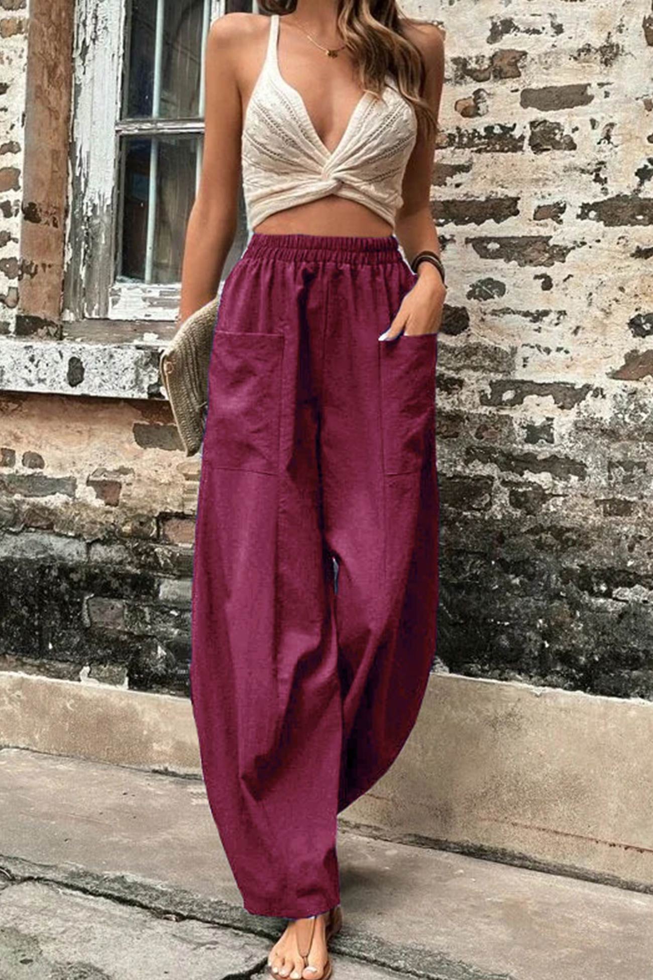 Elastic Waist Pocketed Harem Pants