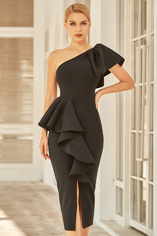 Elegant Black One Shoulder Evening Party Bandage Dress