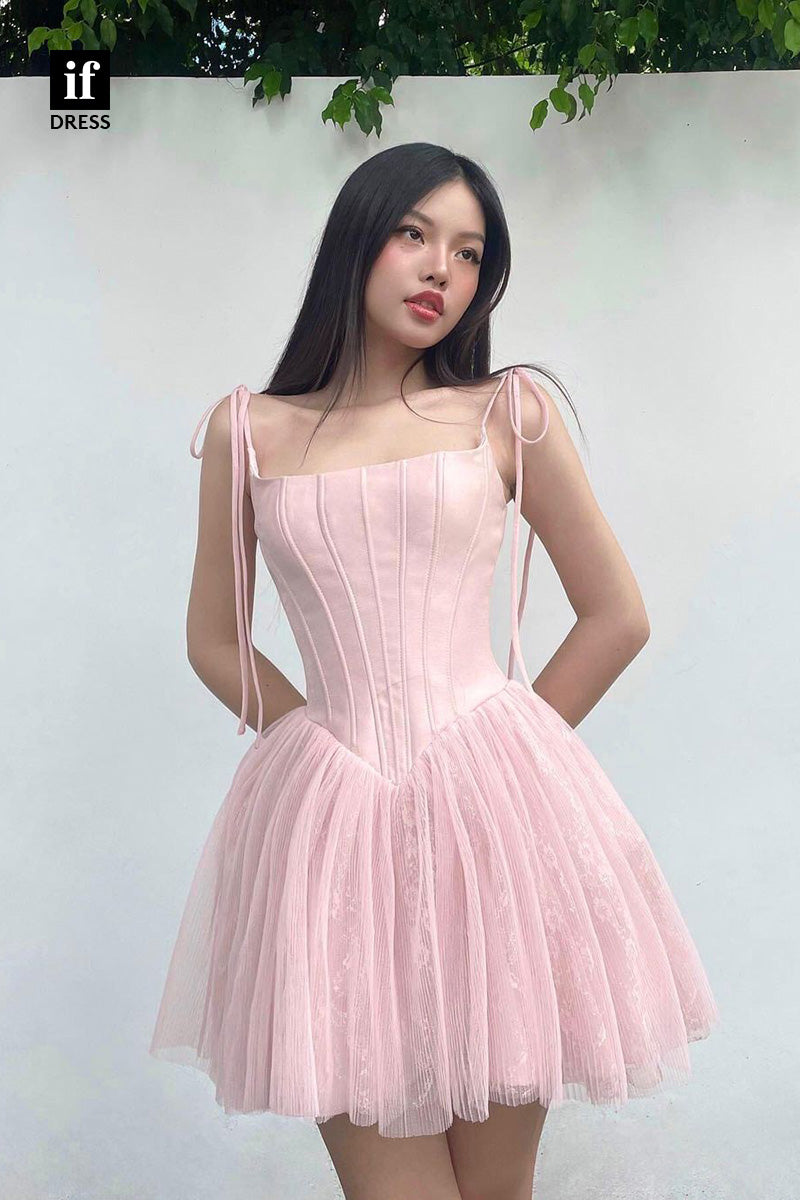 F1031 - Elegant Spaghetti Straps Scoop Tulle Homecoming Dress