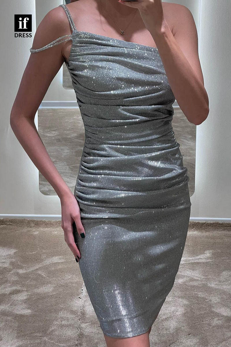 F1-1038 - Sparkly One Shoulder Pleats Sheath Mini Homecoming Dress