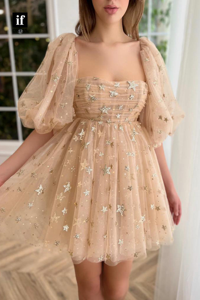 F1-1043 - Attractive A-line Print Half Sleeves Tulle Mini Homecoming Dress