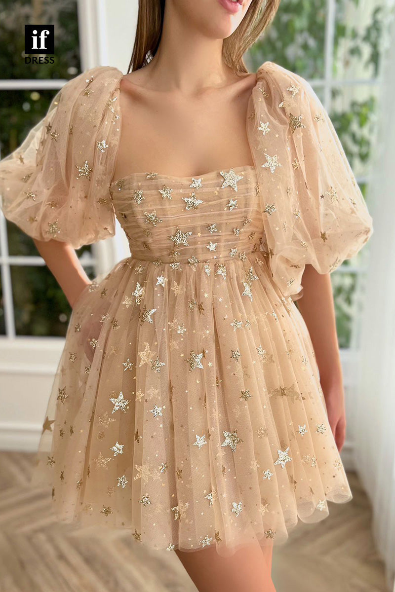 F1-1043 - Attractive A-line Print Half Sleeves Tulle Mini Homecoming Dress