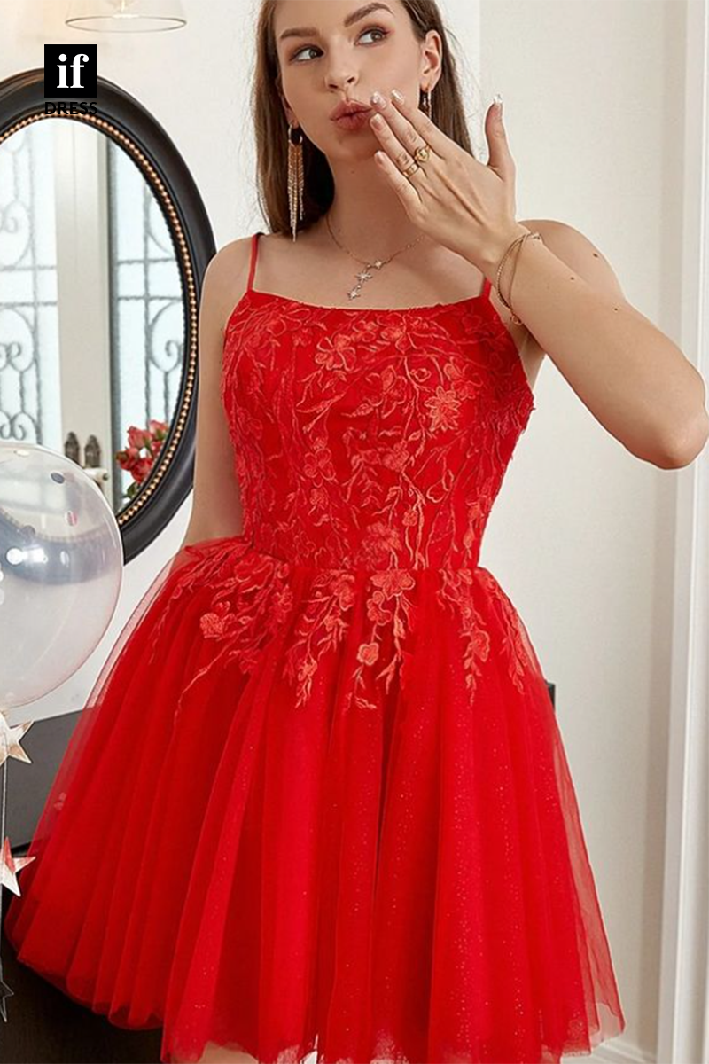 F1-1046 - Charming Spaghetti Straps Scoop Appliques Mini Homecomging Dress