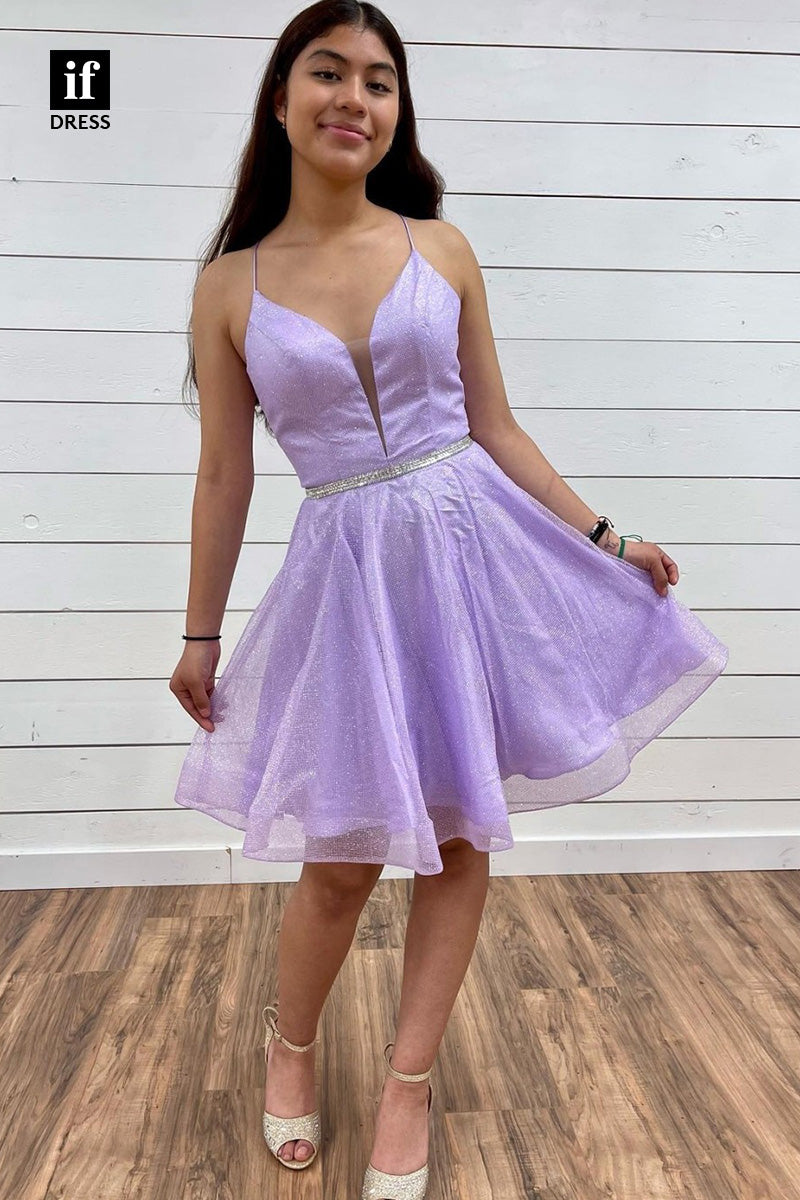 F1-1049 - Elegant Spaghetti Straps V-Neck A-line Mini Homecoming Dress