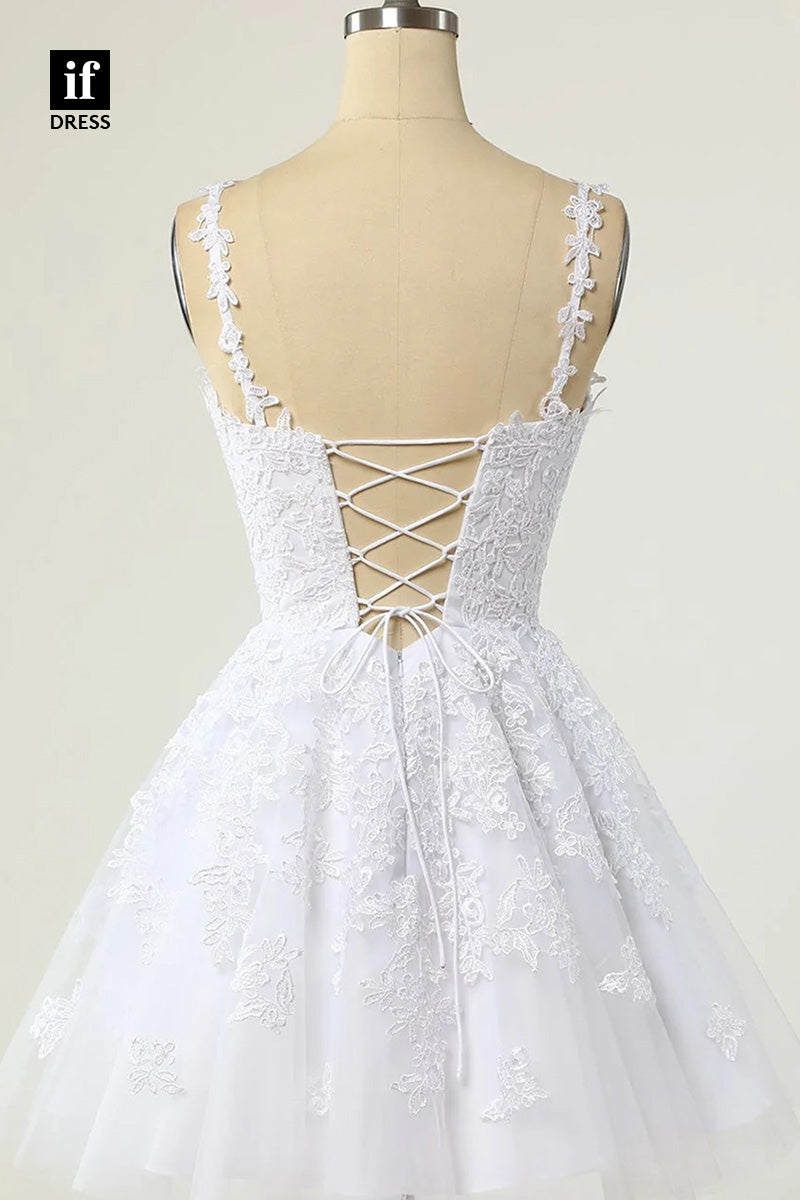 F1-1053 - Sexy Straps V-Neck Lace Appliques Mini Homecoming Dress