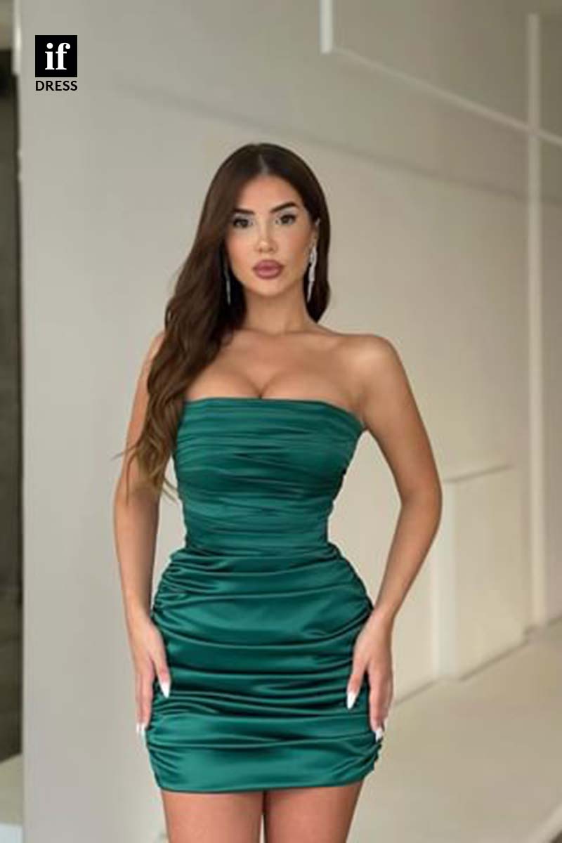 F1-1182 - Classic Off Shoulder Ruched Sheath Pleats Mini Homecoming Dress