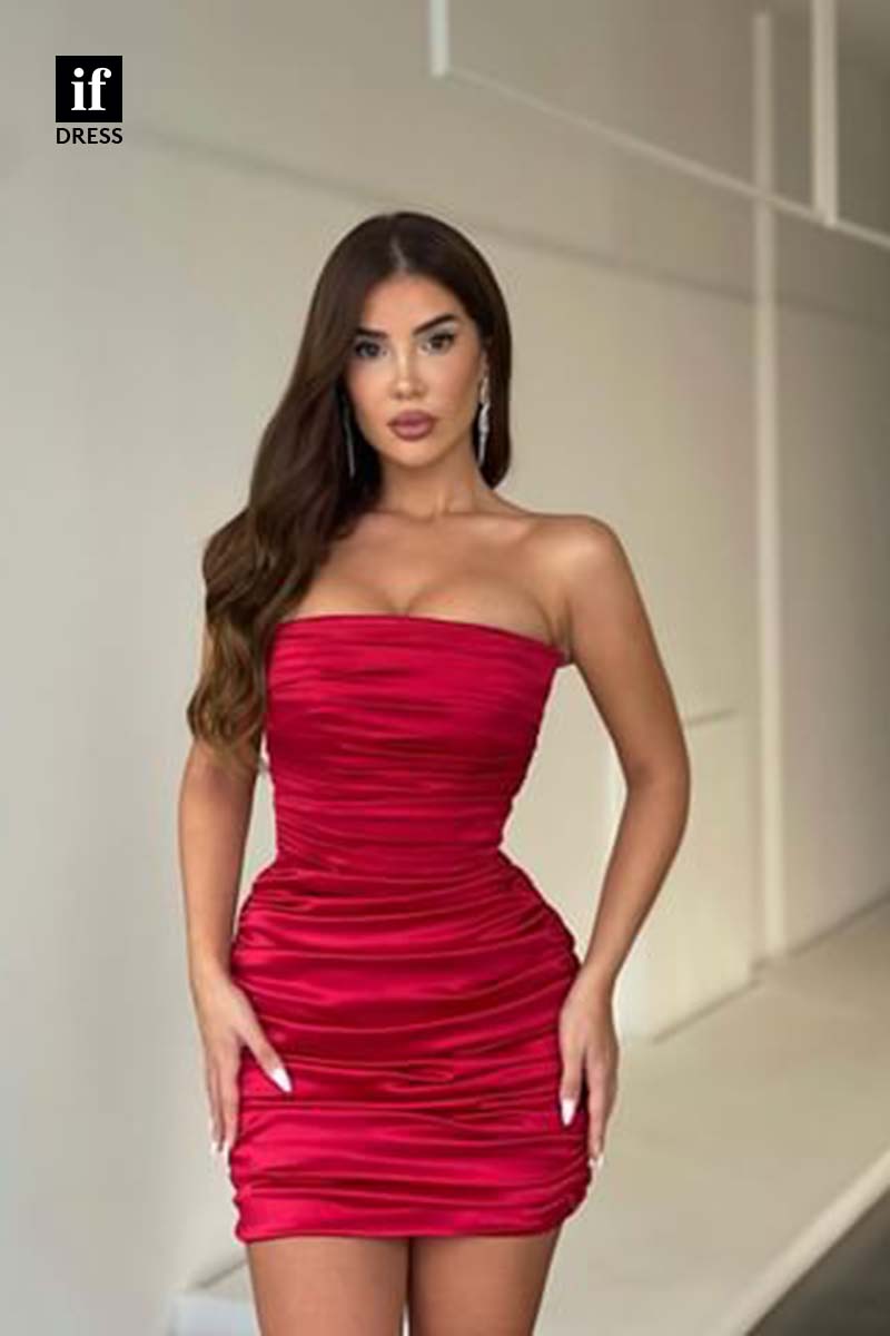 F1-1182 - Classic Off Shoulder Ruched Sheath Pleats Mini Homecoming Dress