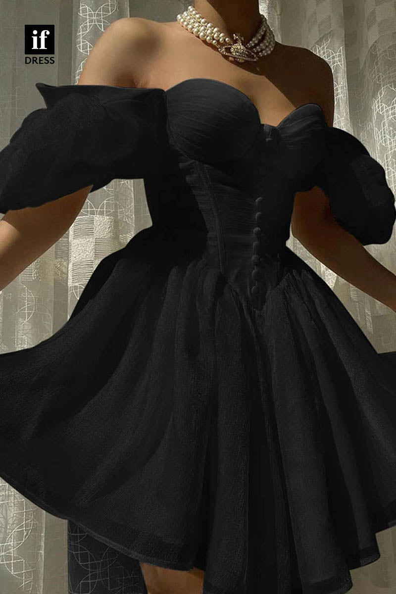 F1219 - Classic Off-Shoulder Cap Sleeves Ruched  A-Line Mini Homecoming Dress