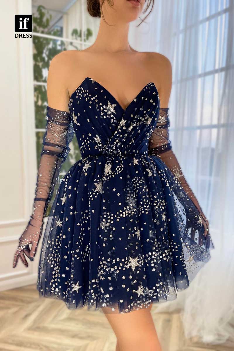 F1238 -Strapless Long Sleeves Star Print Short Graduation  Homecoming Dress