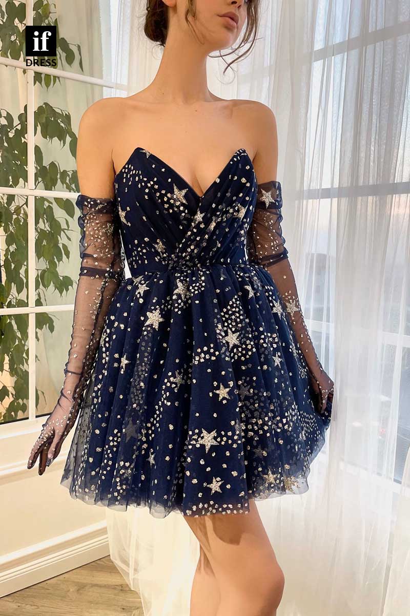 F1238 -Strapless Long Sleeves Star Print Short Graduation  Homecoming Dress