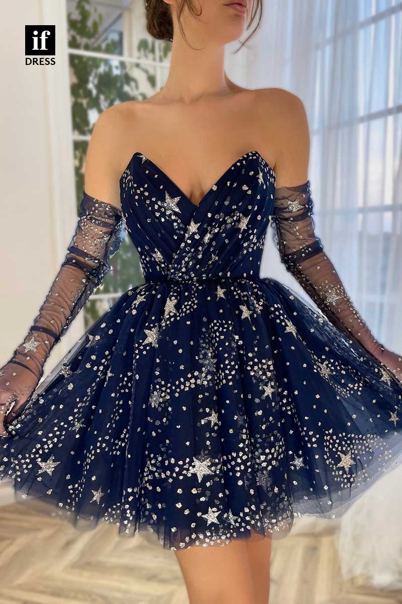 F1238 -Strapless Long Sleeves Star Print Short Graduation  Homecoming Dress