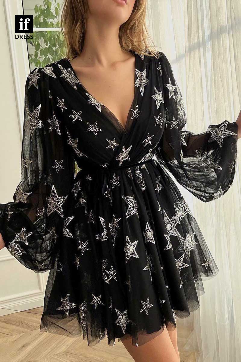 F1239 - Unique Long Sleeves V-Neck  Mini Party Homecoming Graduation Dress With Pockets