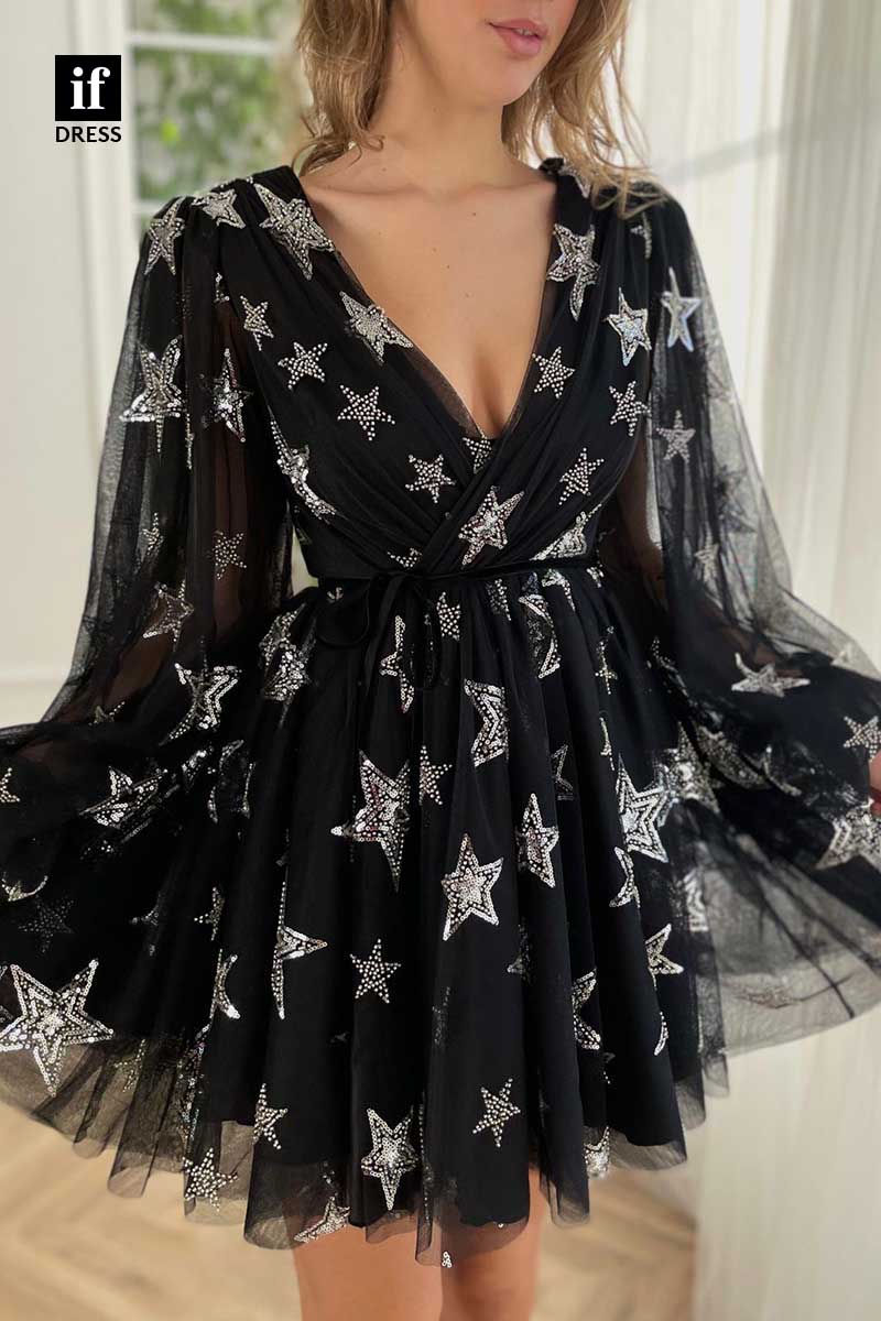 F1239 - Unique Long Sleeves V-Neck  Mini Party Homecoming Graduation Dress With Pockets