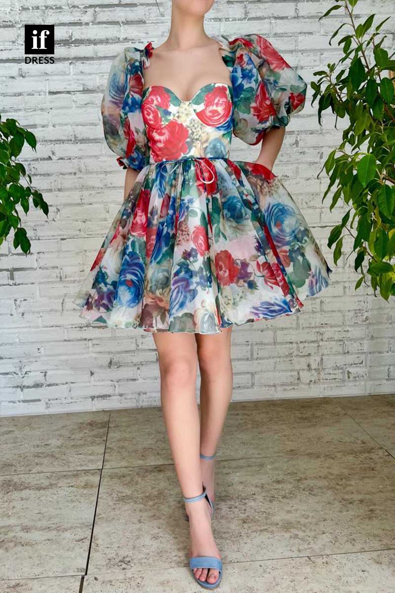 F1242 - Adorable Sweetheart Floral Print A-Line Short Graduation Party Dress