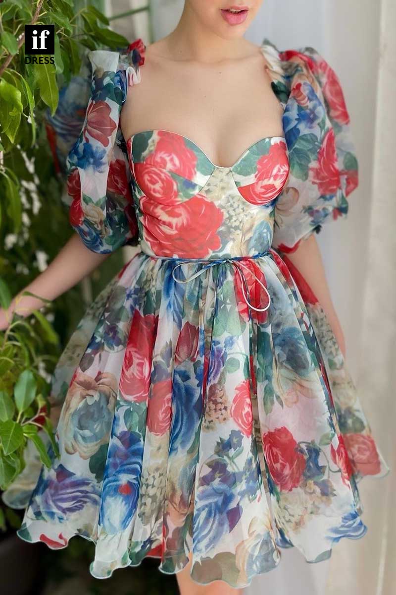 F1242 - Adorable Sweetheart Floral Print A-Line Short Graduation Party Dress