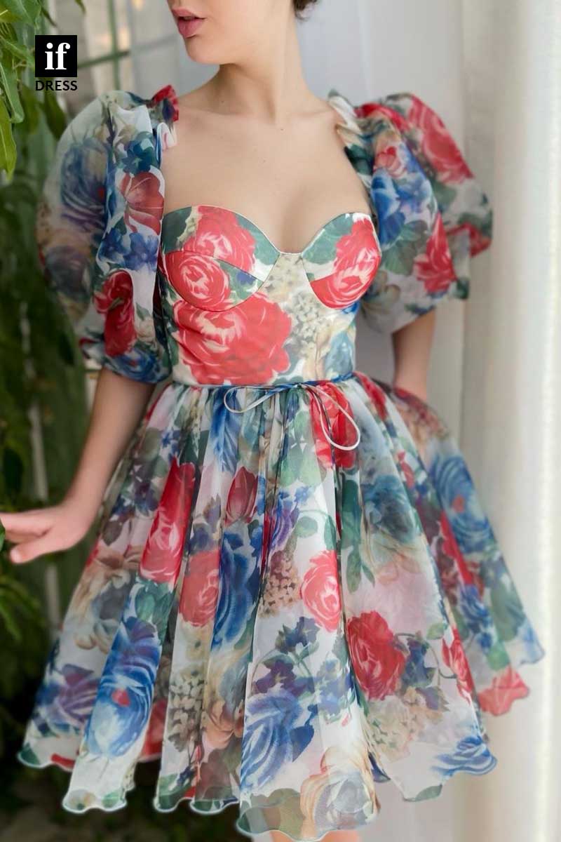 F1242 - Adorable Sweetheart Floral Print A-Line Short Graduation Party Dress