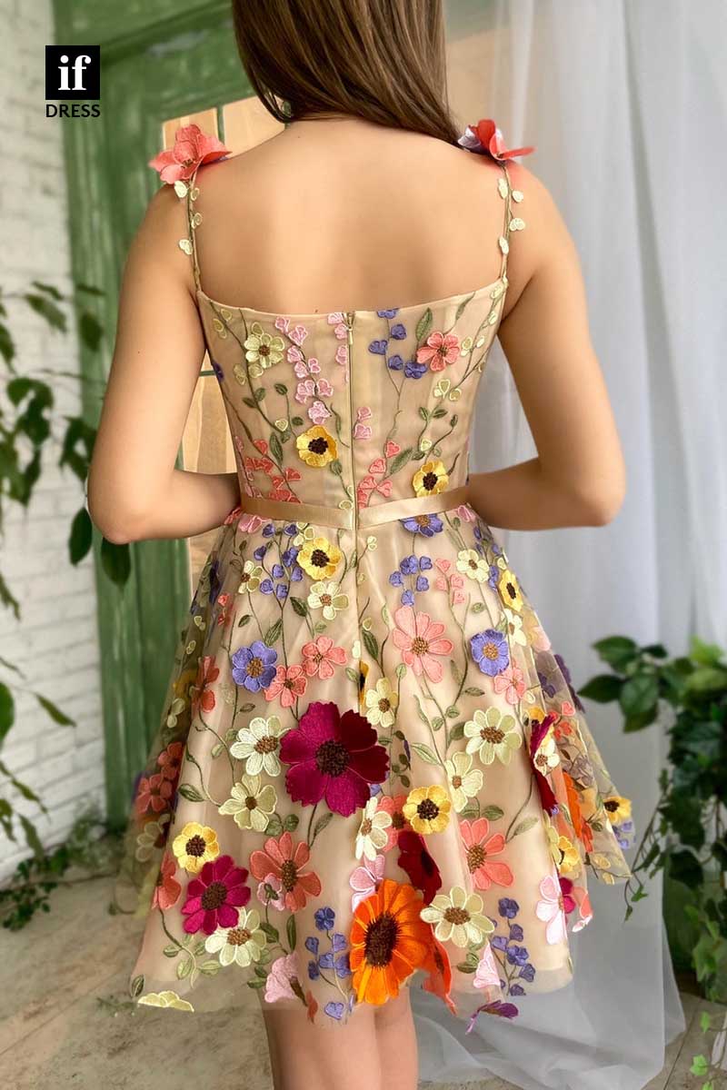 F1243 - Gorgeous A-Line Floral Appliques Sleeveless Mini Graduation Homecoming Dress