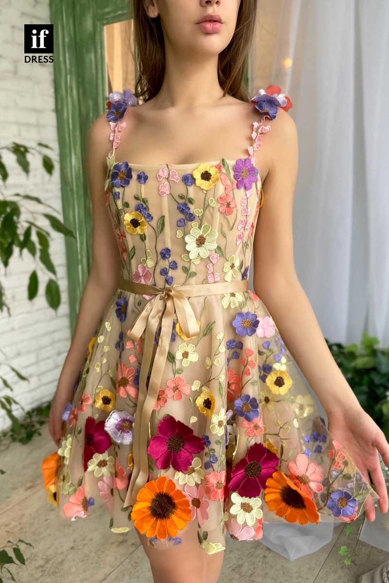 F1243 - Gorgeous A-Line Floral Appliques Sleeveless Mini Graduation Homecoming Dress