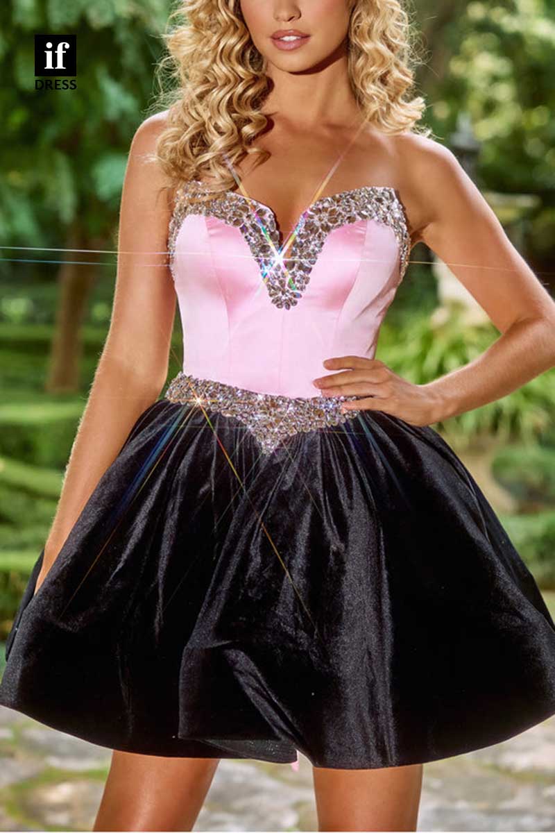 F1251 - Glamorous Beads Strapless Velvet Mini Graduation Homecoming Dress