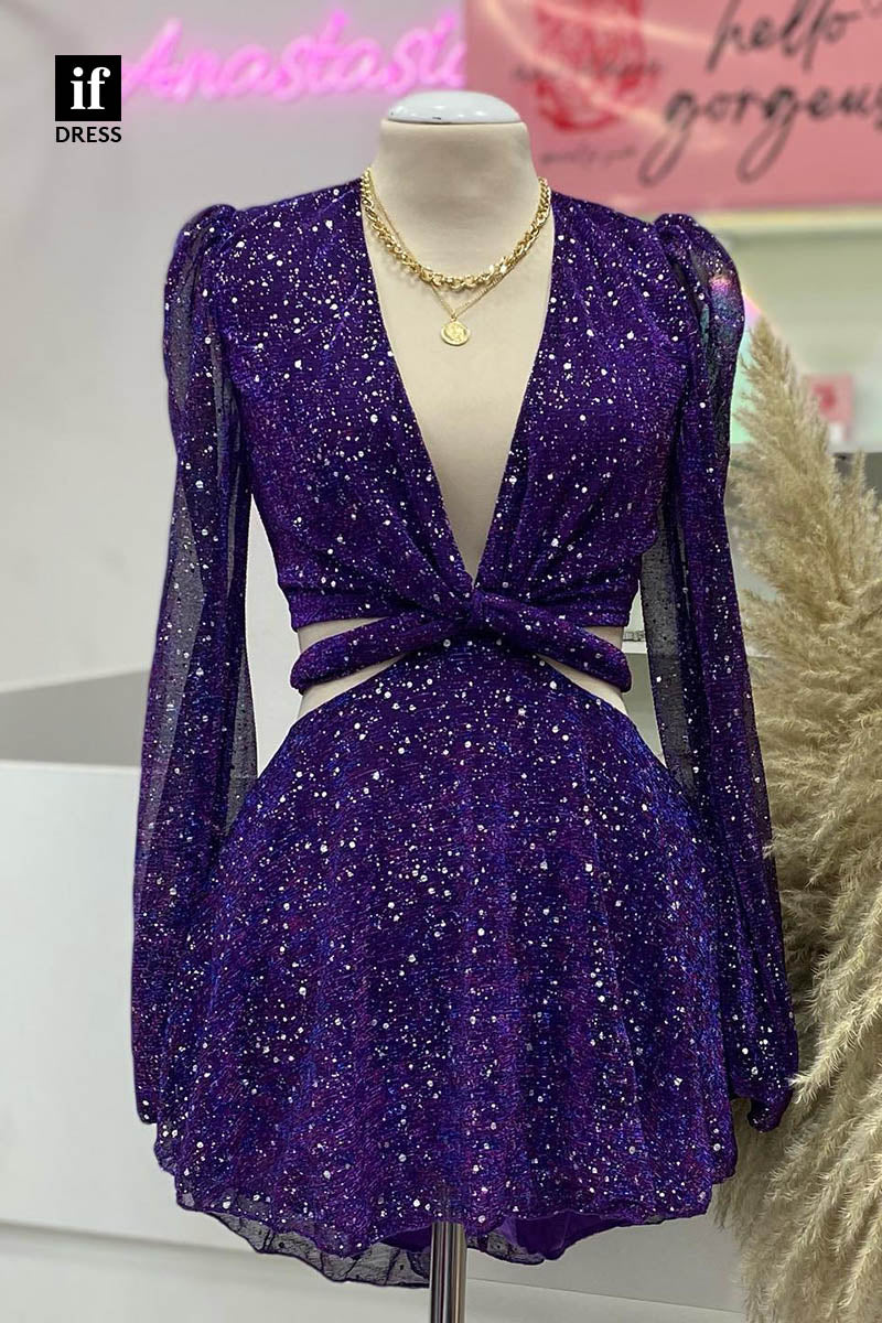 F1387 - Sparkly Deep V-Neck Long Sleeves Mini Cocktail Homecoming Graduation Dress