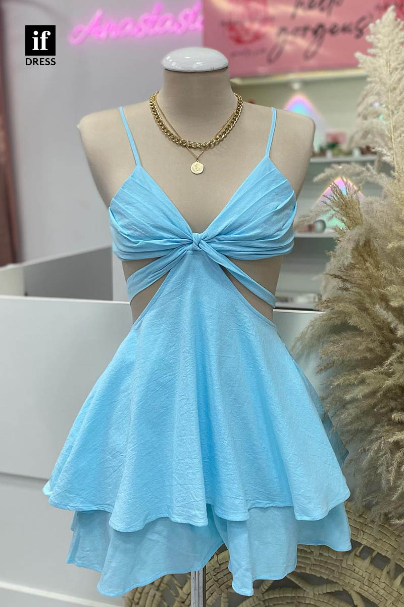 F1389 - Sexy Spaghetti Straps V-Neck Mini Party Cheap Homecoming Graduation Dress