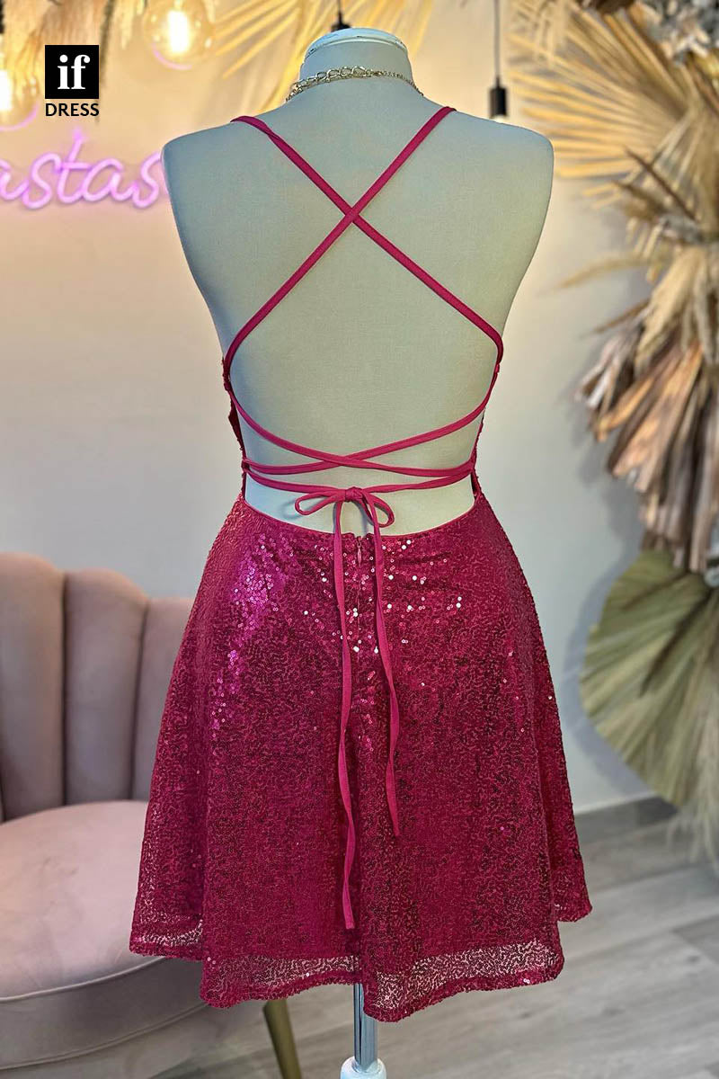 F1391 - Sparkly V-Neck Spaghetti Straps Sequined Mini Homecoming Graduation Dress