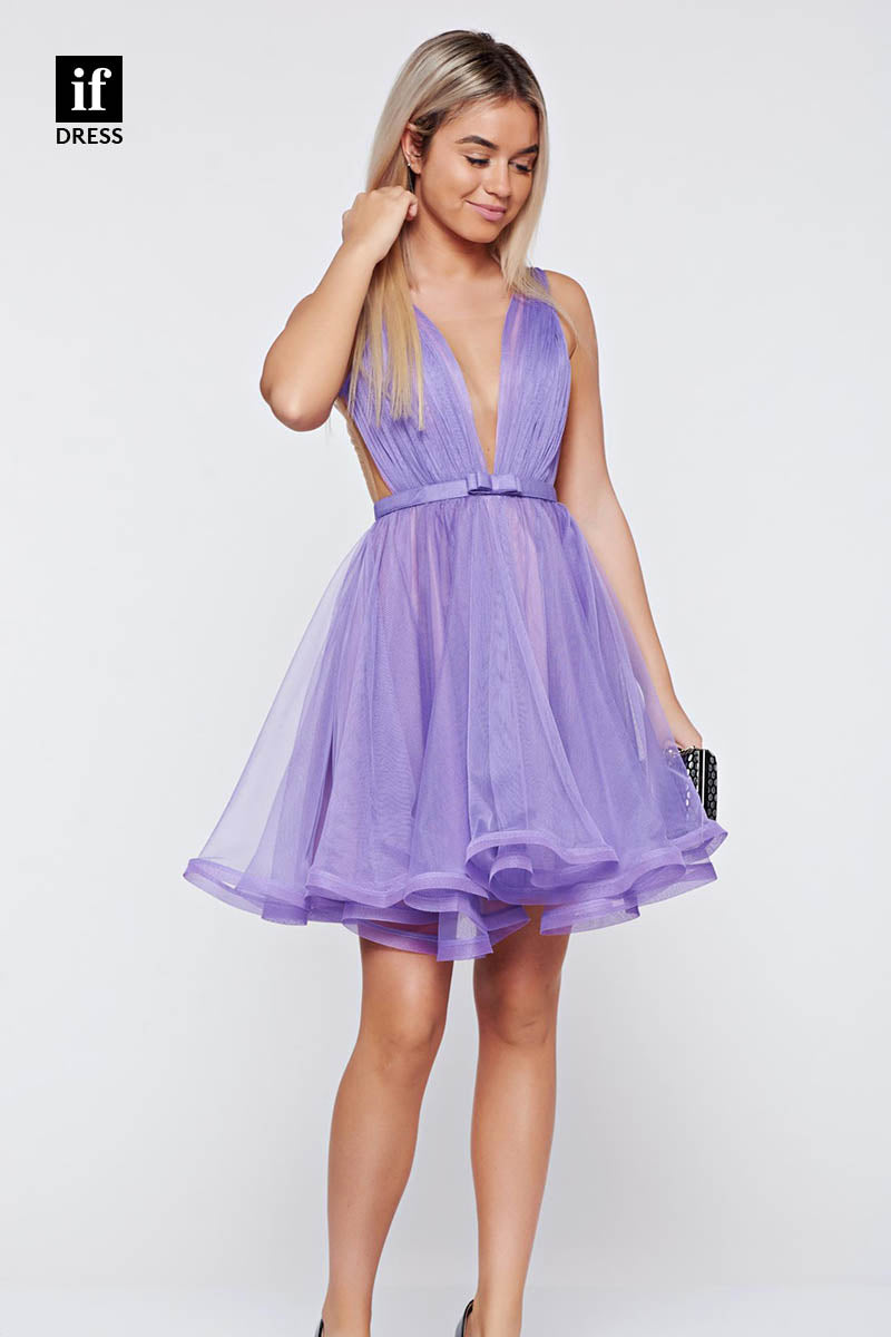 F1401 - Classic Illusion V-Neck A-Line Tulle Belt Short Homecoming Graduation Dress