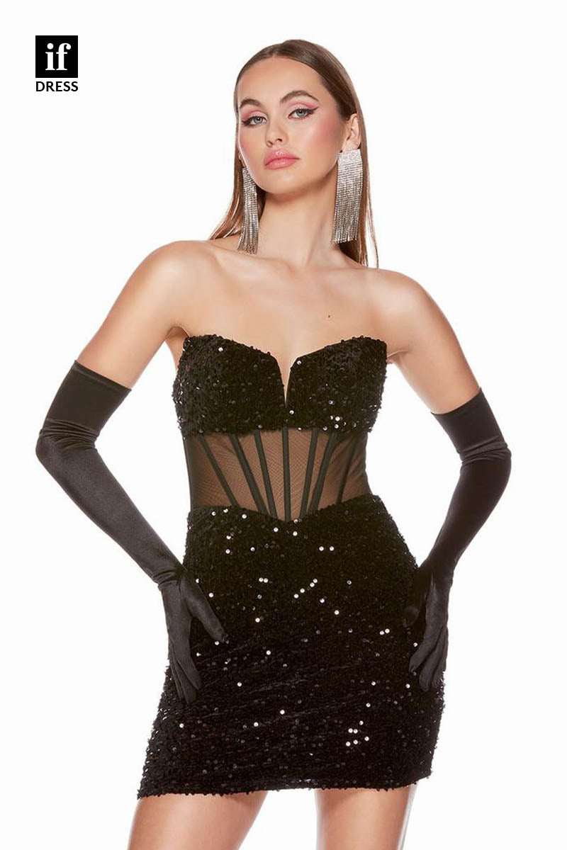 F1404  -Sexy Strapless V-Neck Illusion Bodycon Mini Cocktial Homecoming Graduation Dress