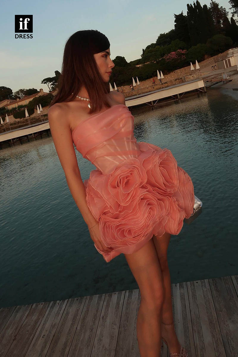 F1410  -Unique Strapless Ruched Floral Tulle Short Homecoming Party Dress