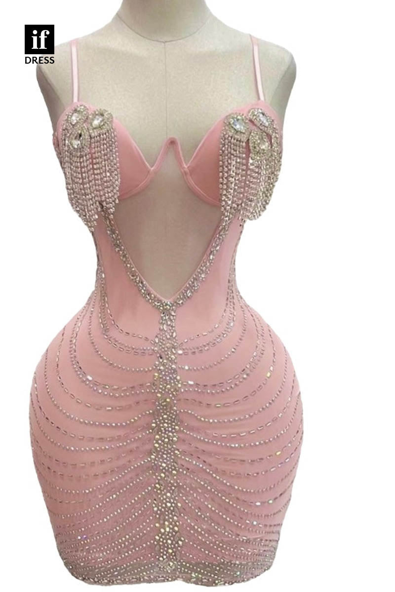 F1413 - Bodycon Beads Sleeveless Short Party Homecoming Graduation Dress