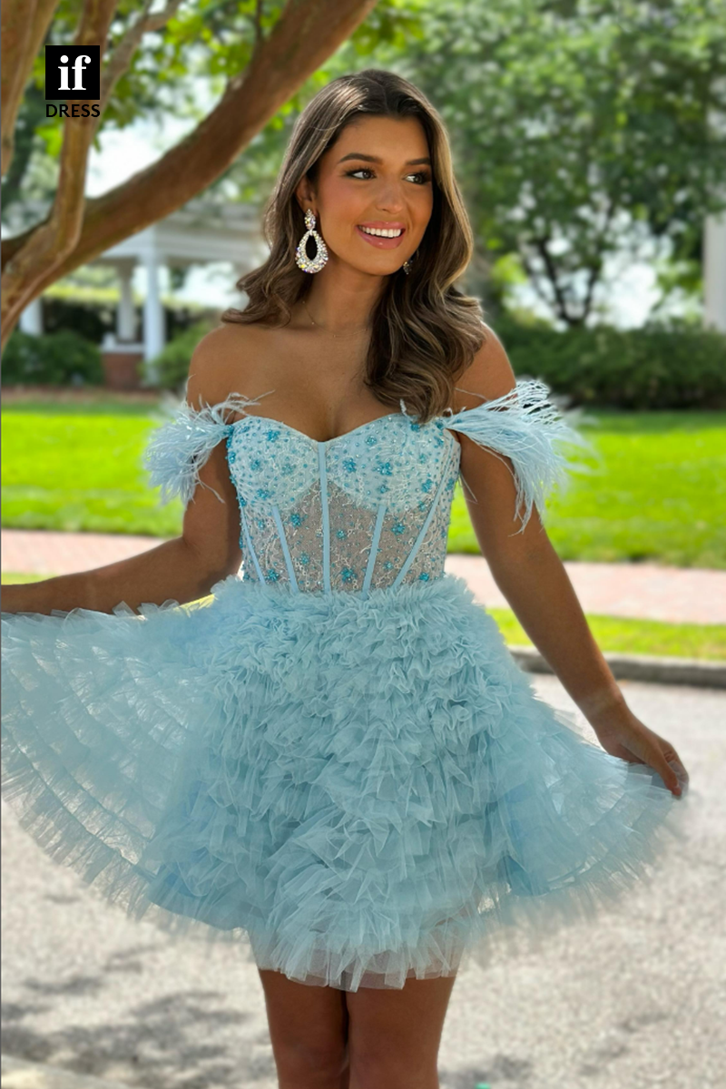 F1431 - Glamorous Strapless Tiered Tulle Feathers Short Homecoming Graduation Dress