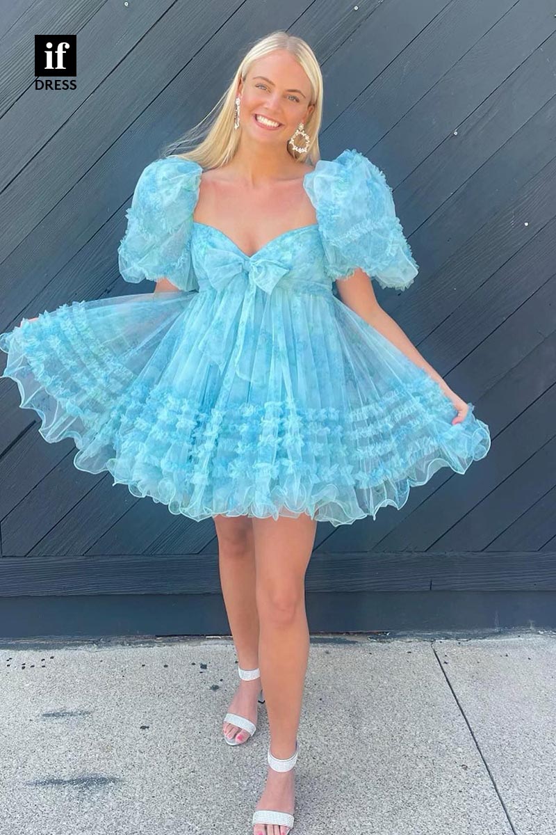 F1432 - Sweet A-Line Ruffles Print Puff Sleeves Short Homecoming Graduation Dress