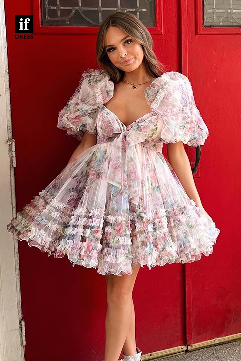 F1432 - Sweet A-Line Ruffles Print Puff Sleeves Short Homecoming Graduation Dress