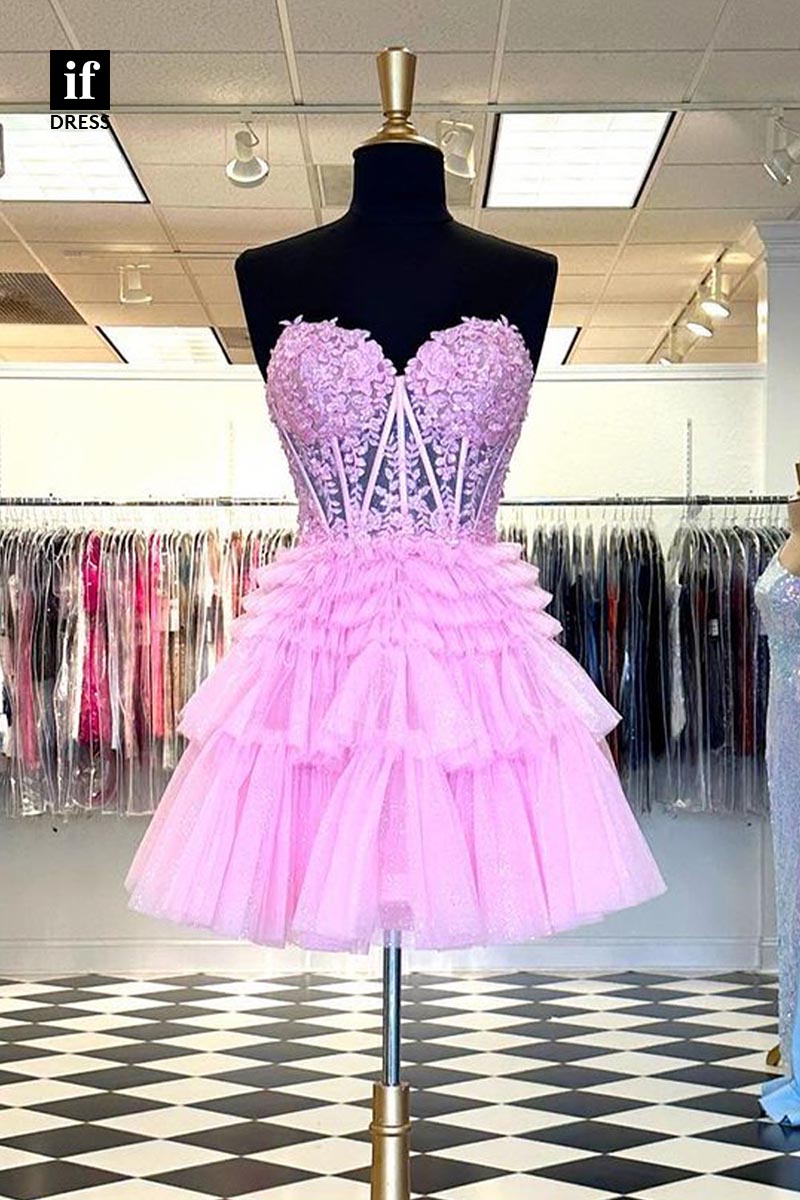 F1442 - Sweet Strapless A-Line Tiered Tulle Shotr Homecoming Graduation Dress